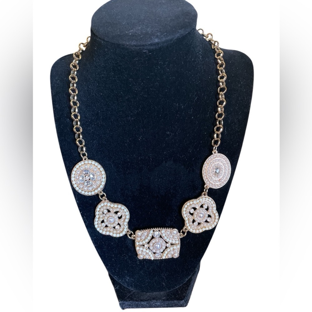 Necklace Faux Pearl Rhinestone Filigree Statement Gold Tone White Pink Boho